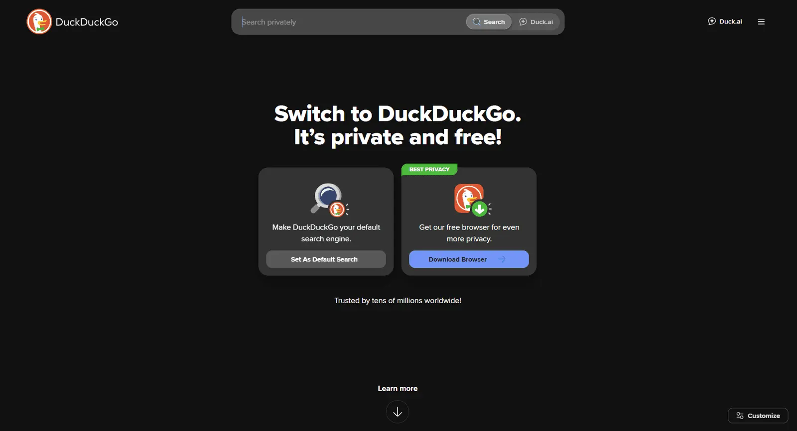 DuckDuckGo homepage with its search bar and privacy message