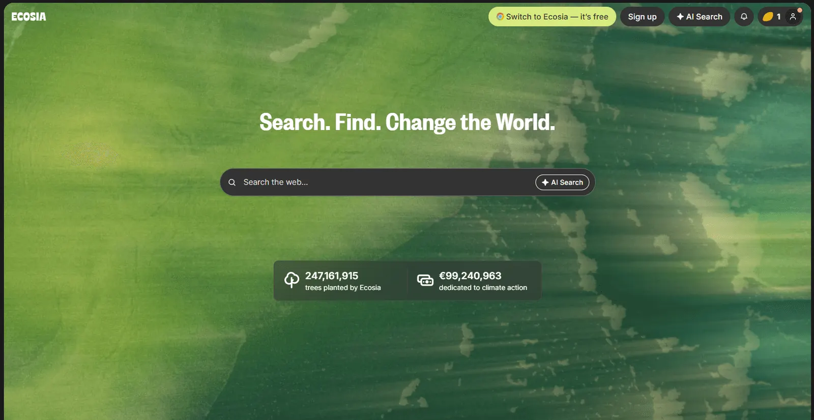 Ecosia homepage with a search bar over a green forest background