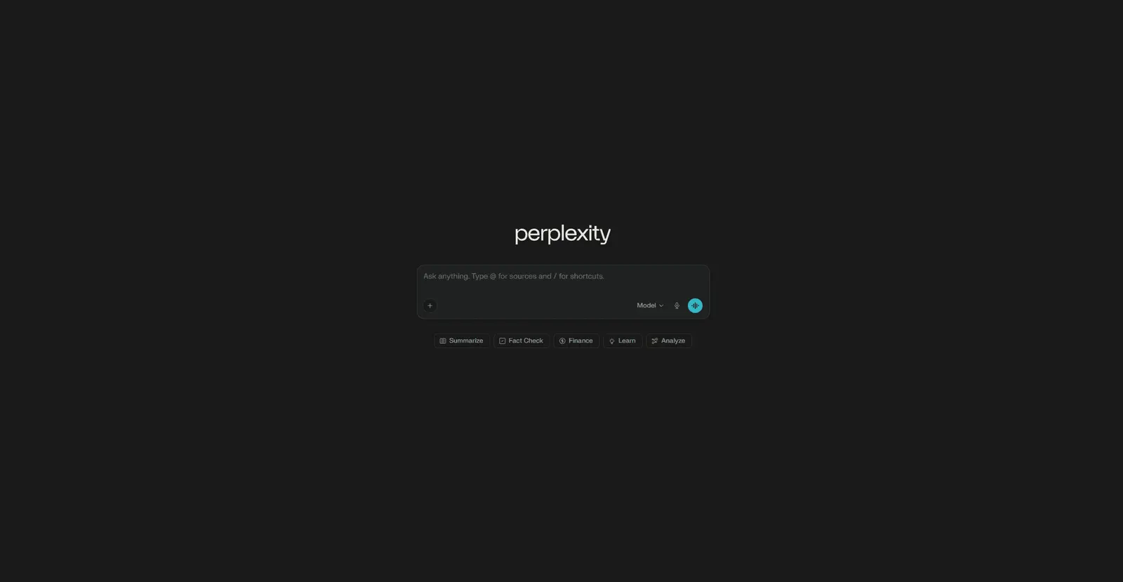 Perplexity homepage with its question box on a dark background