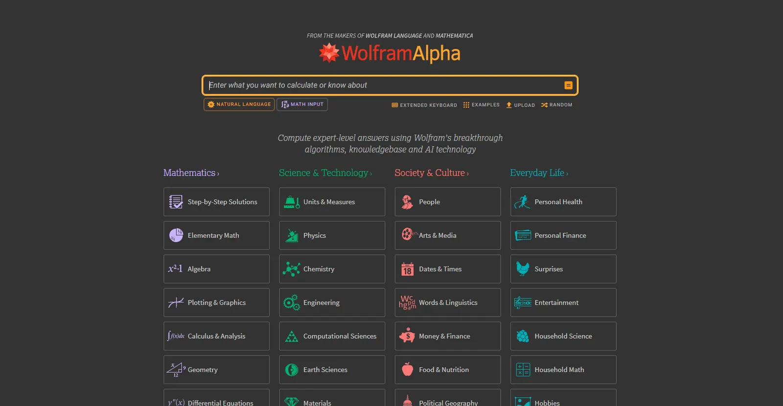 WolframAlpha homepage with its search bar and topic categories