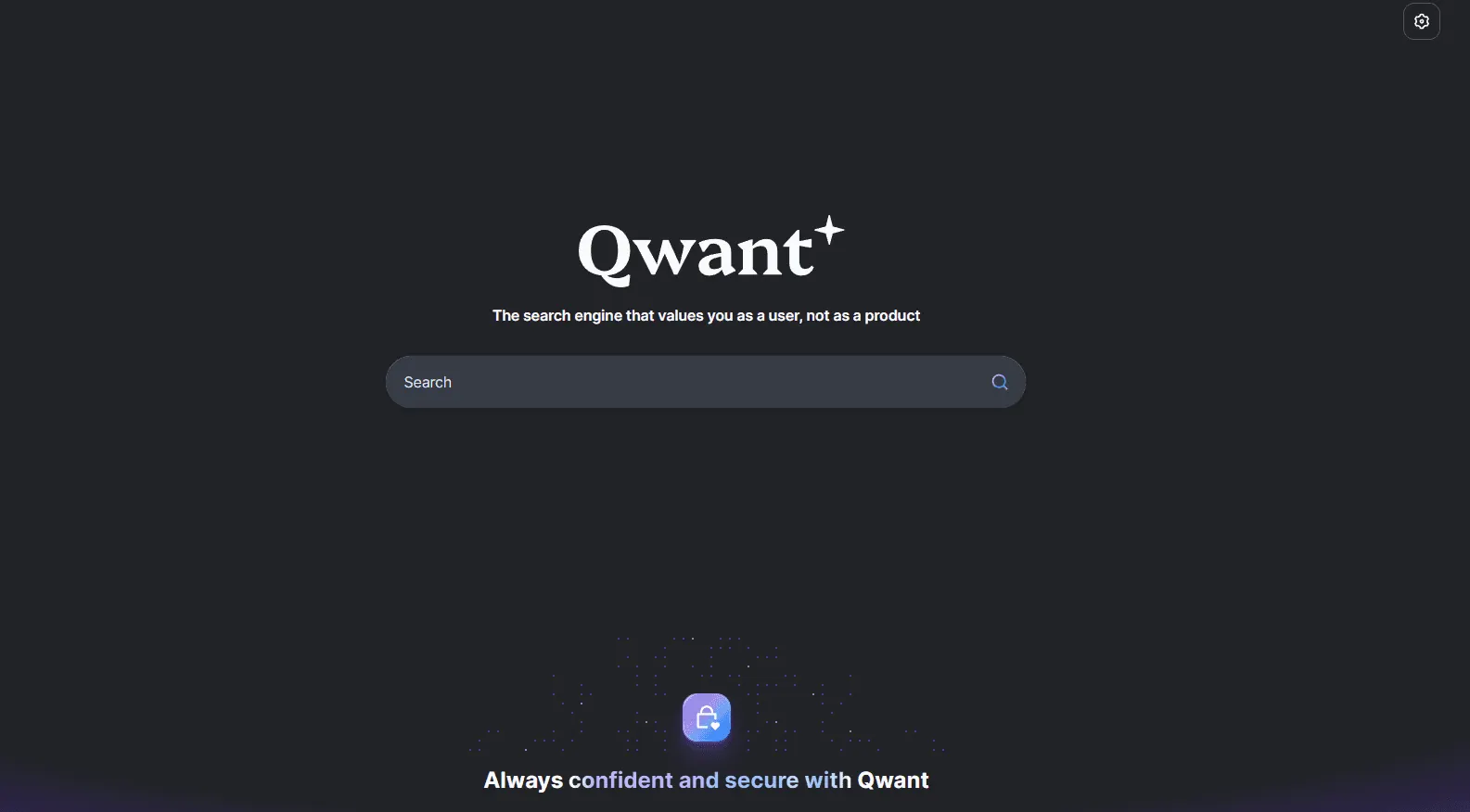 Qwant homepage with its search bar on a dark background