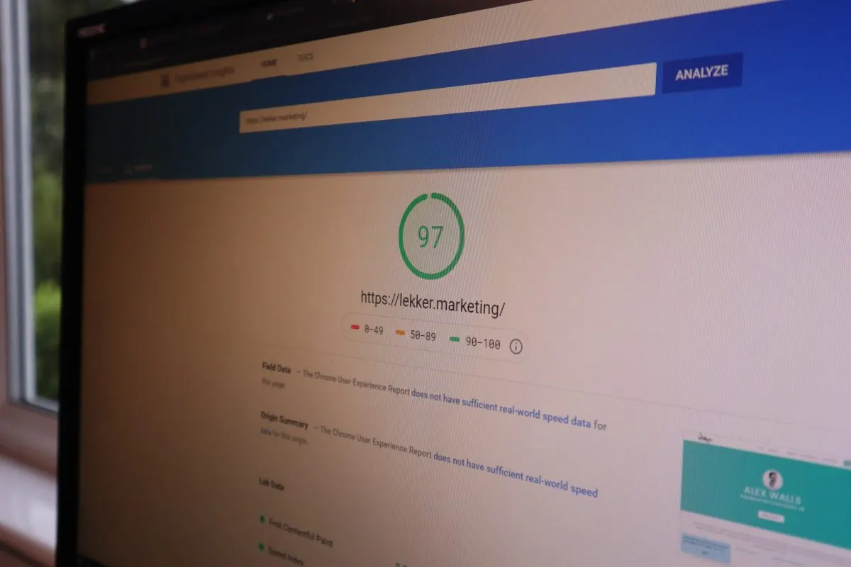 PageSpeed Insights score on a laptop screen