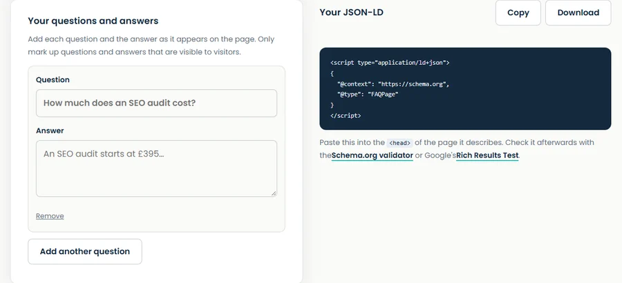 Question and answer fields beside FAQPage JSON-LD