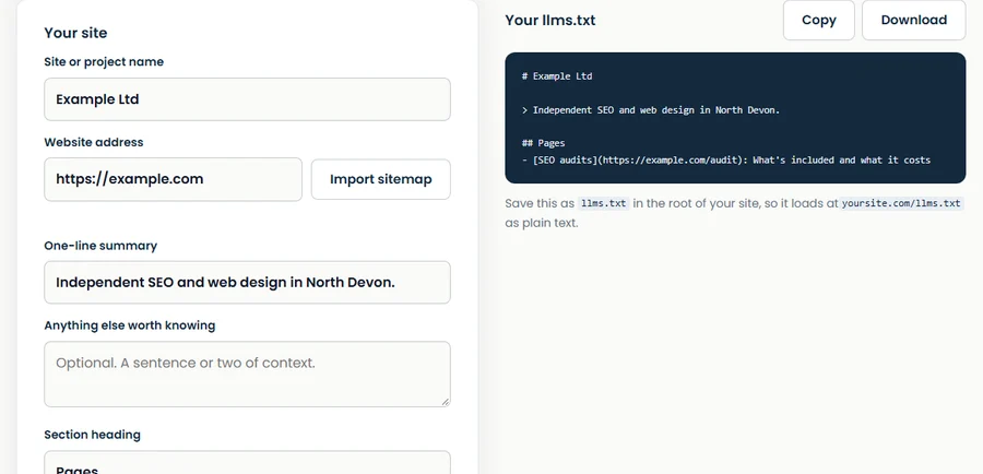 llms.txt generator form beside the file it produces