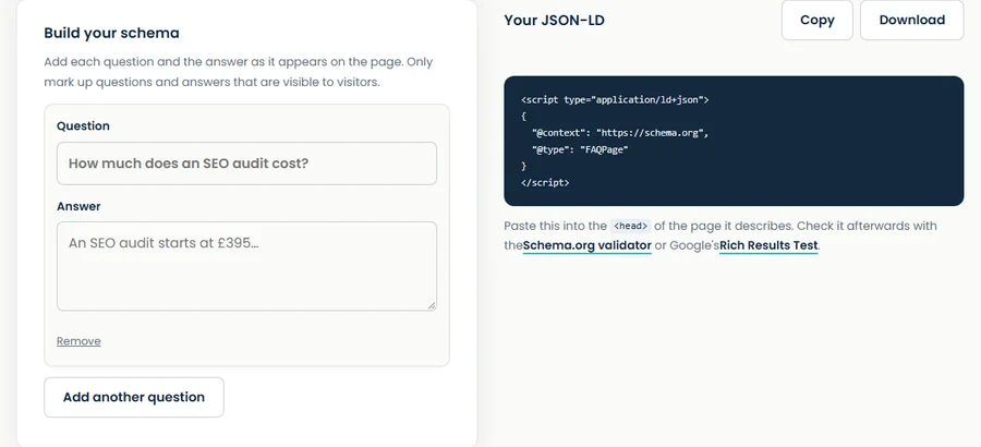 Schema generator form beside the JSON-LD it produces